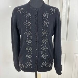 Vintage‎ Tech Edge Beaded Angora Lambswool Cardigan Sweater Black Size 42 Lined
